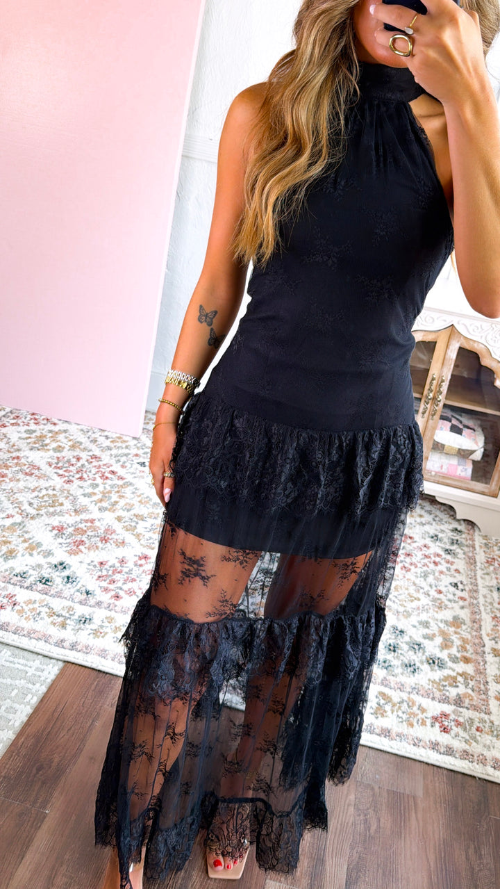 Beauty Lace Ruffled Maxi Dress, Black