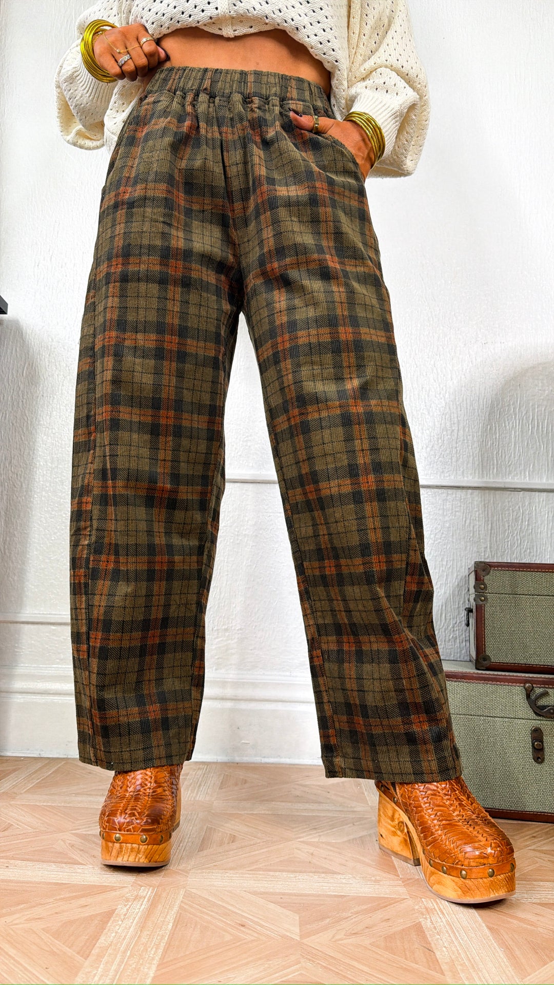 Corduroy Wide Leg Pants, Olive Plaid