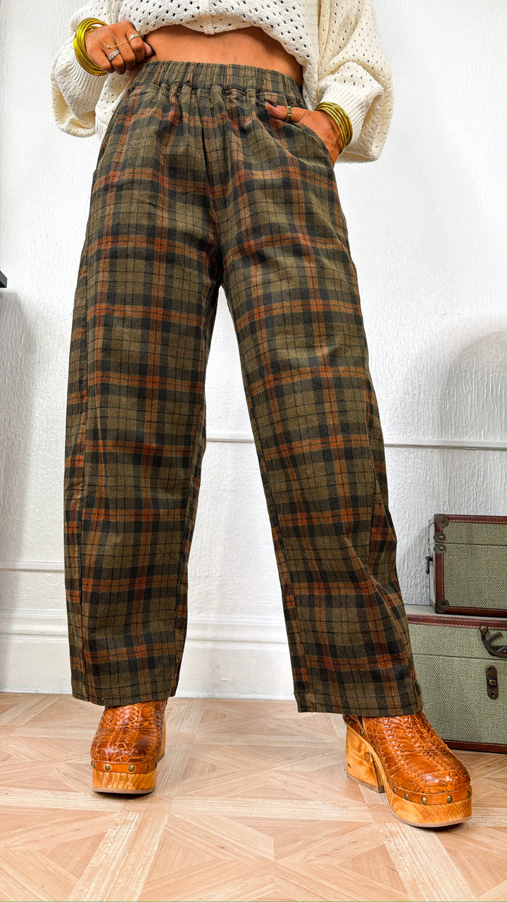 Corduroy Wide Leg Pants, Olive Plaid