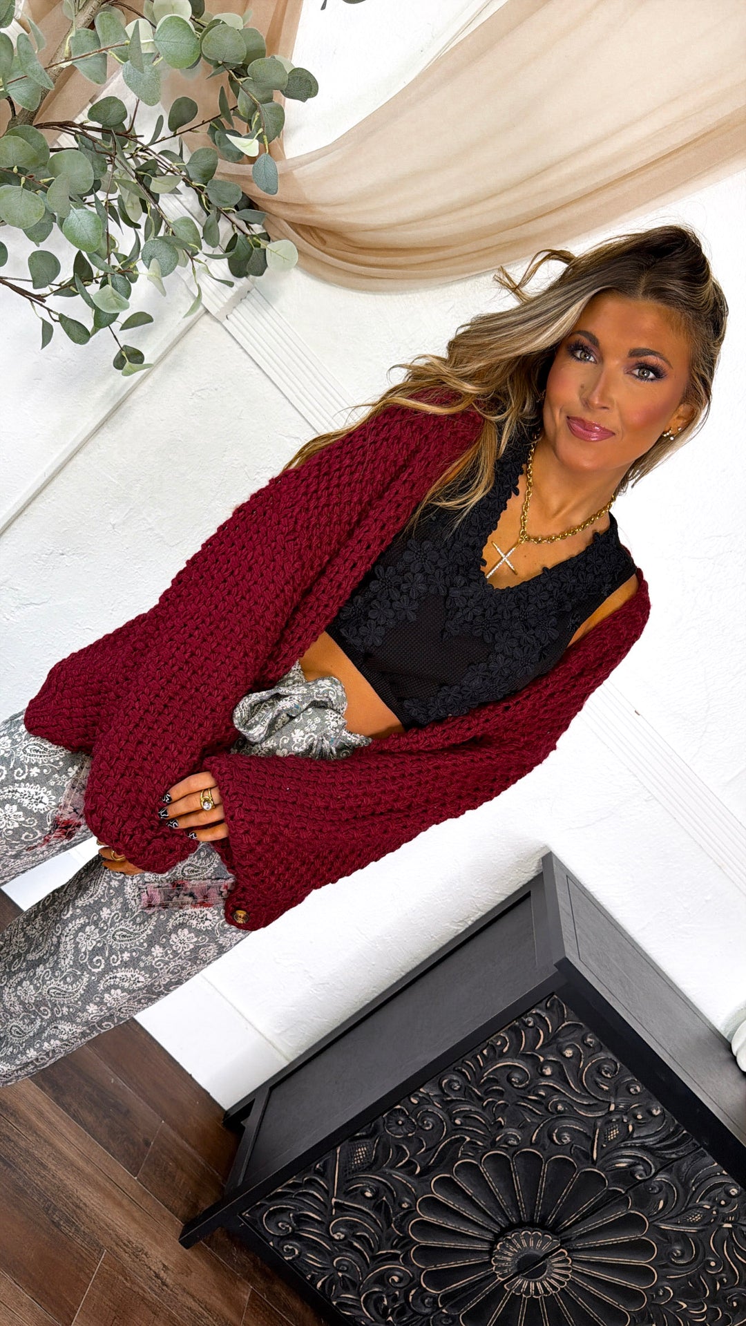 Slouchy Knit Button Cardigan, Burgundy