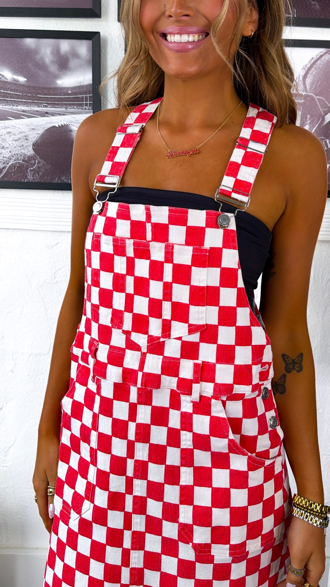 Friday Lights Checkered Overall Dress, Red