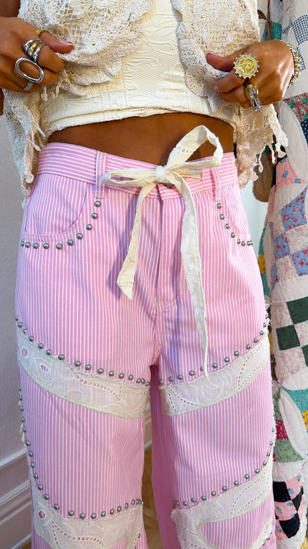 Blossom Road Studded Pants, Pink Striped