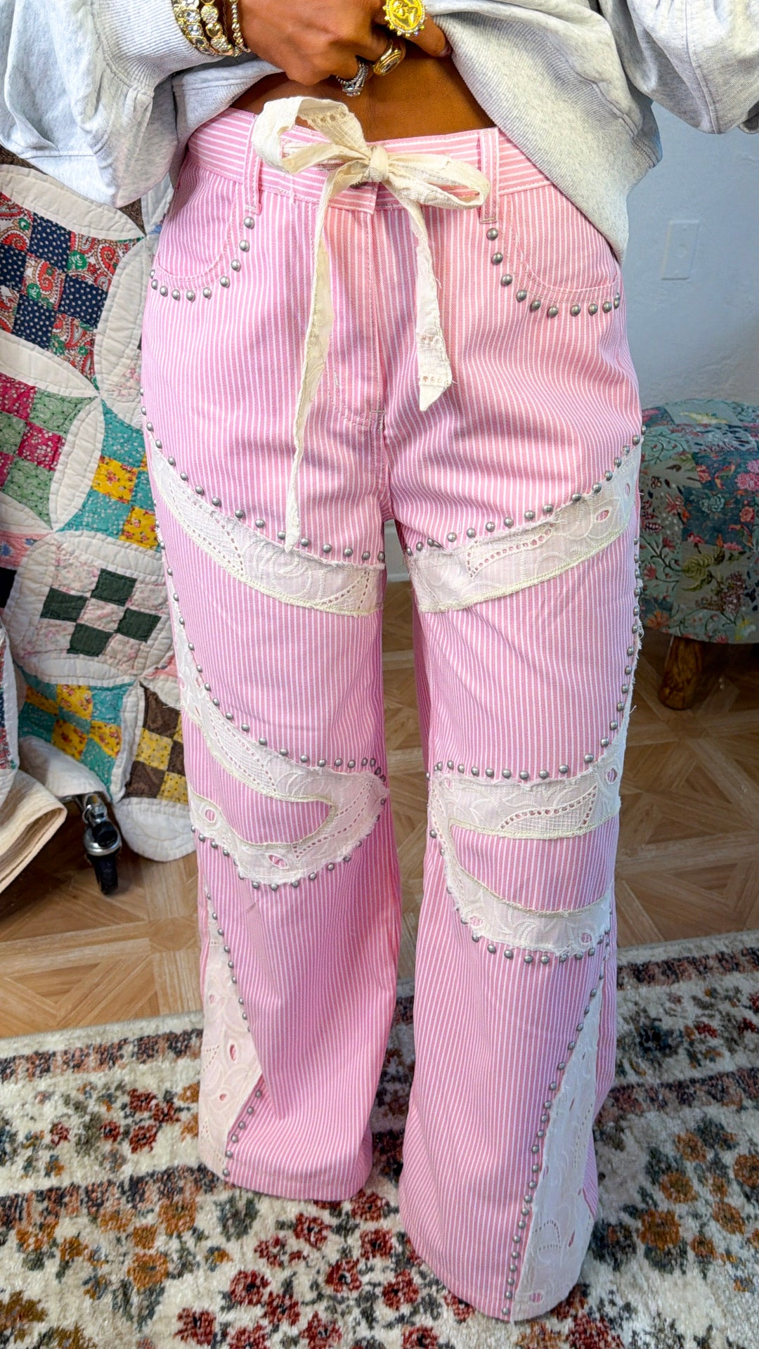 Blossom Road Studded Pants, Pink Striped
