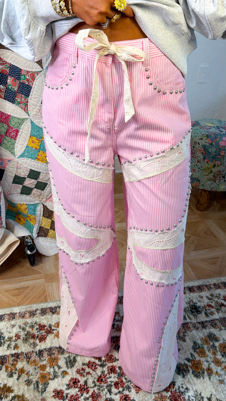 Blossom Road Studded Pants, Pink Striped