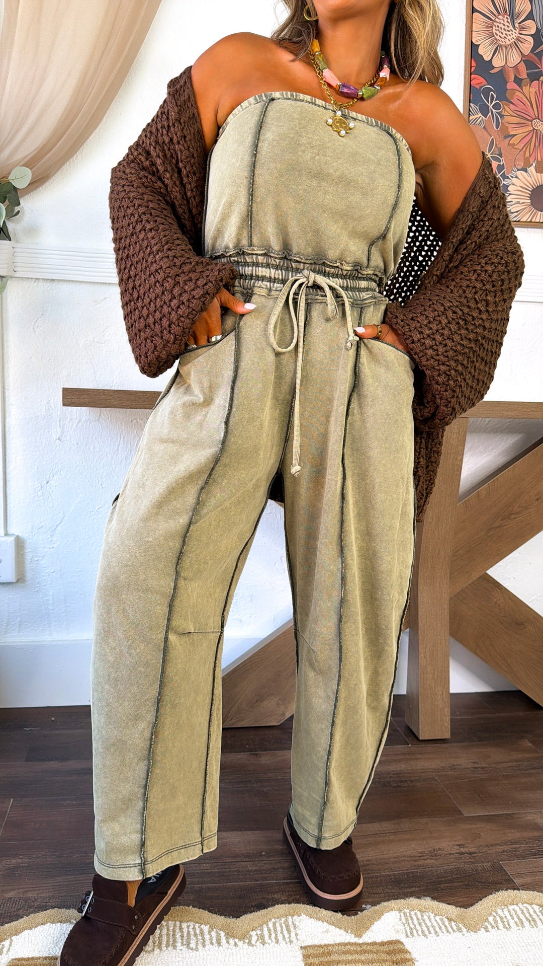 City Limits Strapless Jumpsuit, Olive