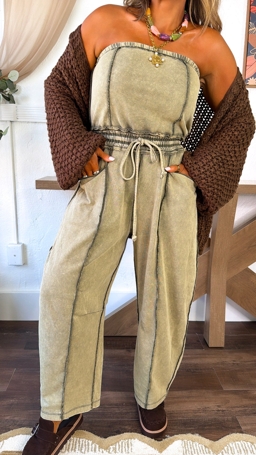 City Limits Strapless Jumpsuit, Olive