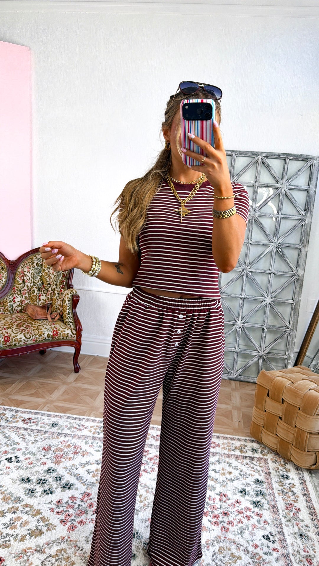 Stripe Knit Two Piece Set, Burgundy/ Ivory