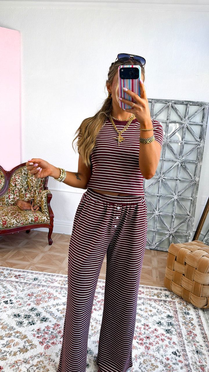 Stripe Knit Two Piece Set, Burgundy/ Ivory