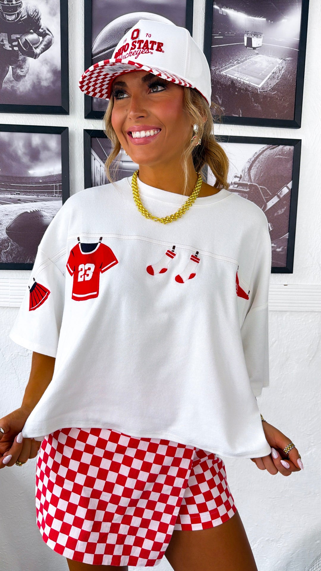 Gameday Embroidered Top, White/Red