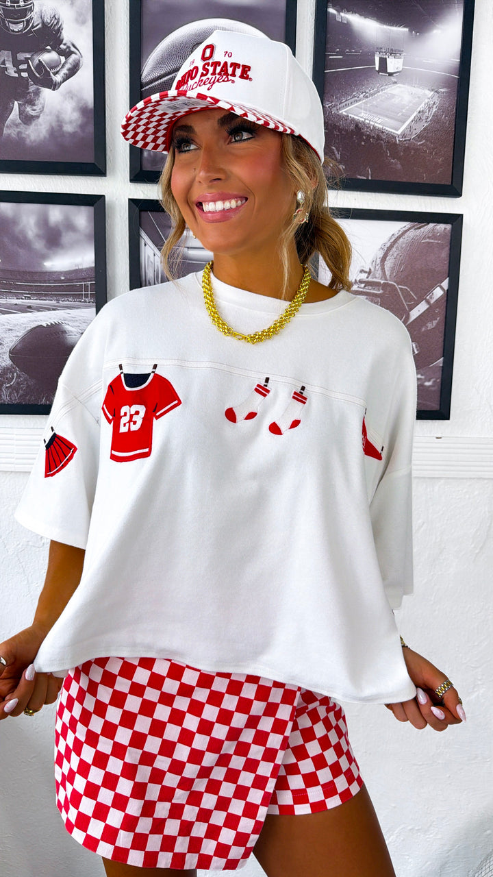 Gameday Embroidered Top, White/Red