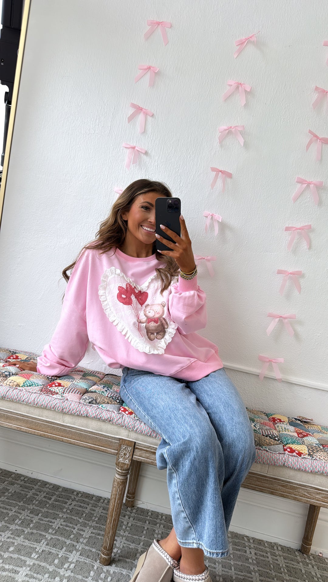 Valentines Bear Patched Sweatshirt, Pink