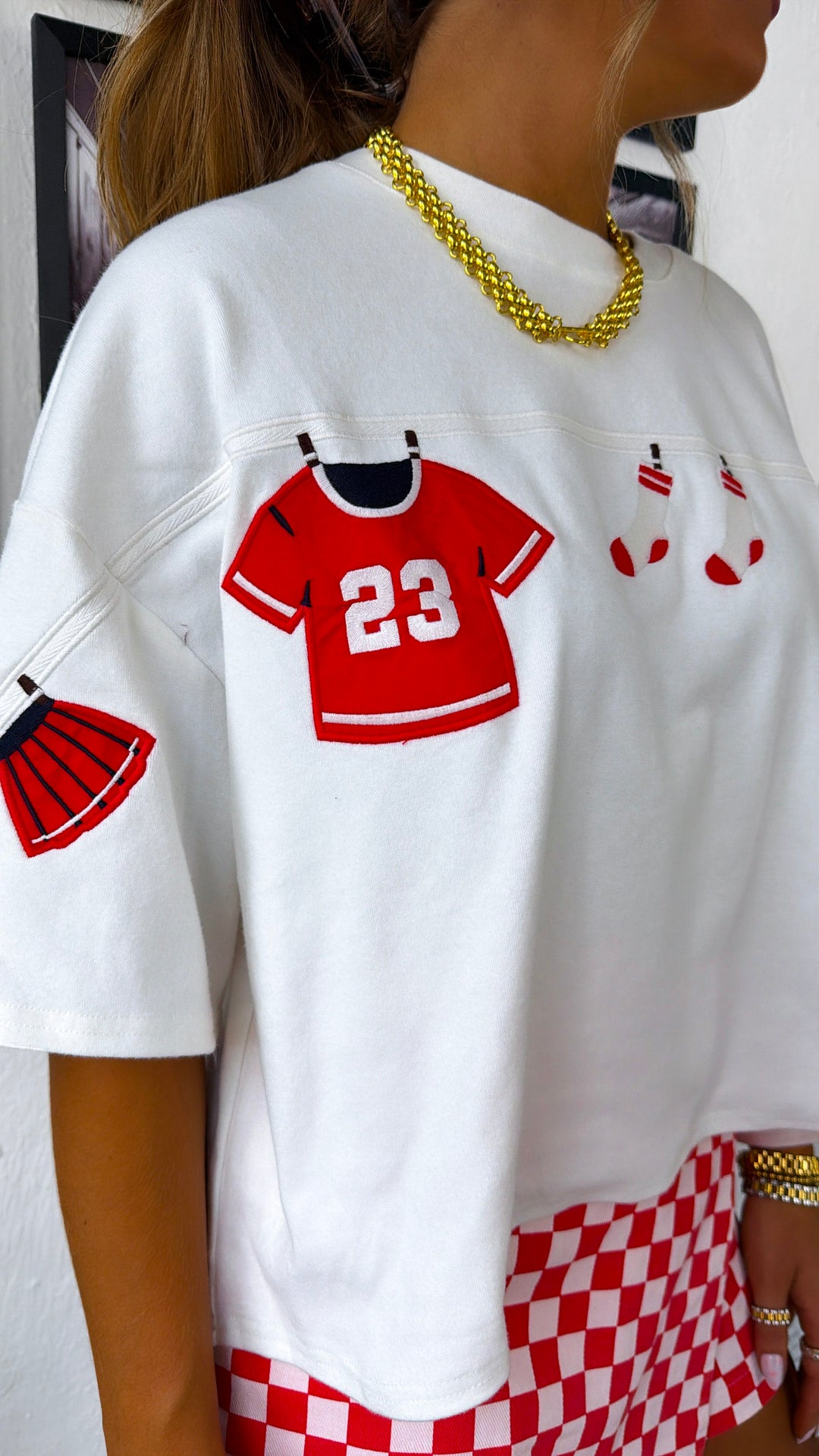 Gameday Embroidered Top, White/Red