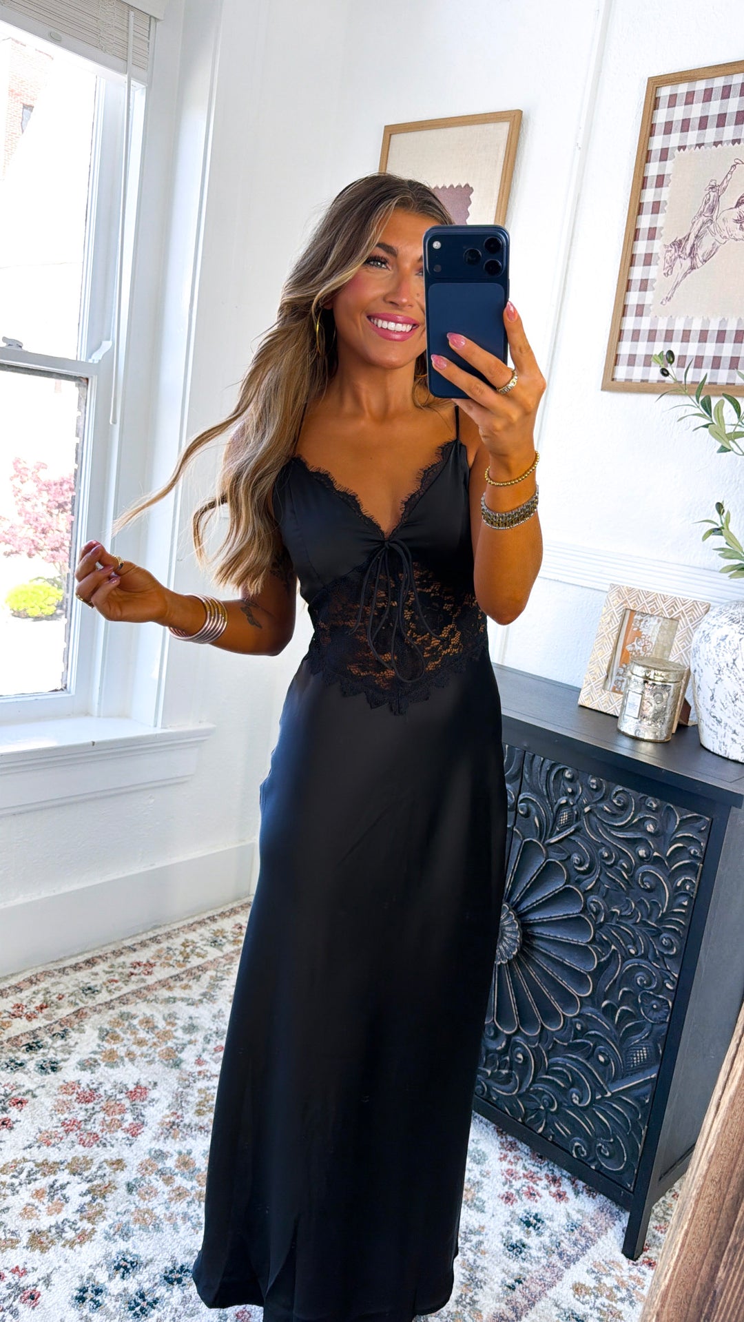 Zevrea Satin Lace Dress, Black