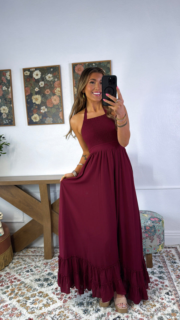 ECB Exclusive: Between the Lines Maxi Dress, Burgundy