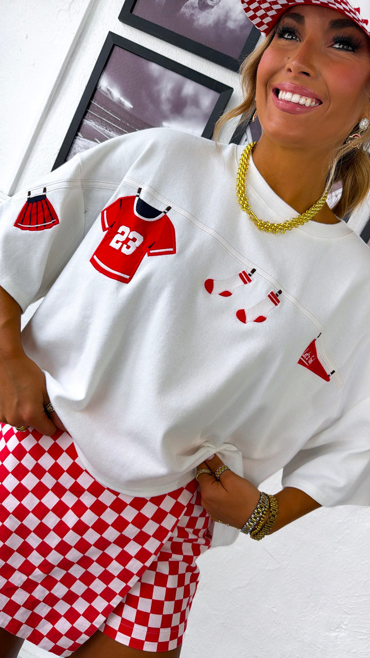 Gameday Embroidered Top, White/Red