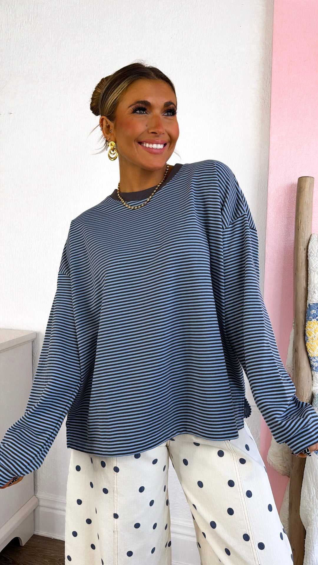 Laurel Stripe Top, Blue/ Charocal