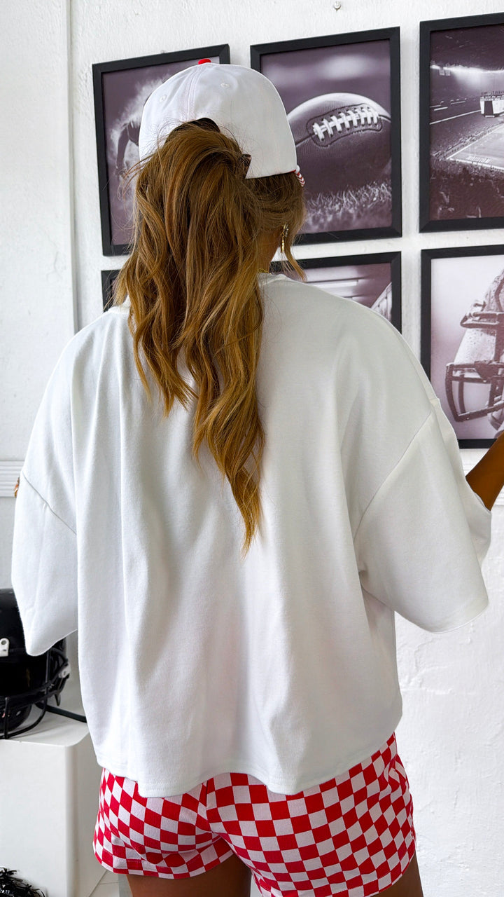 Gameday Embroidered Top, White/Red