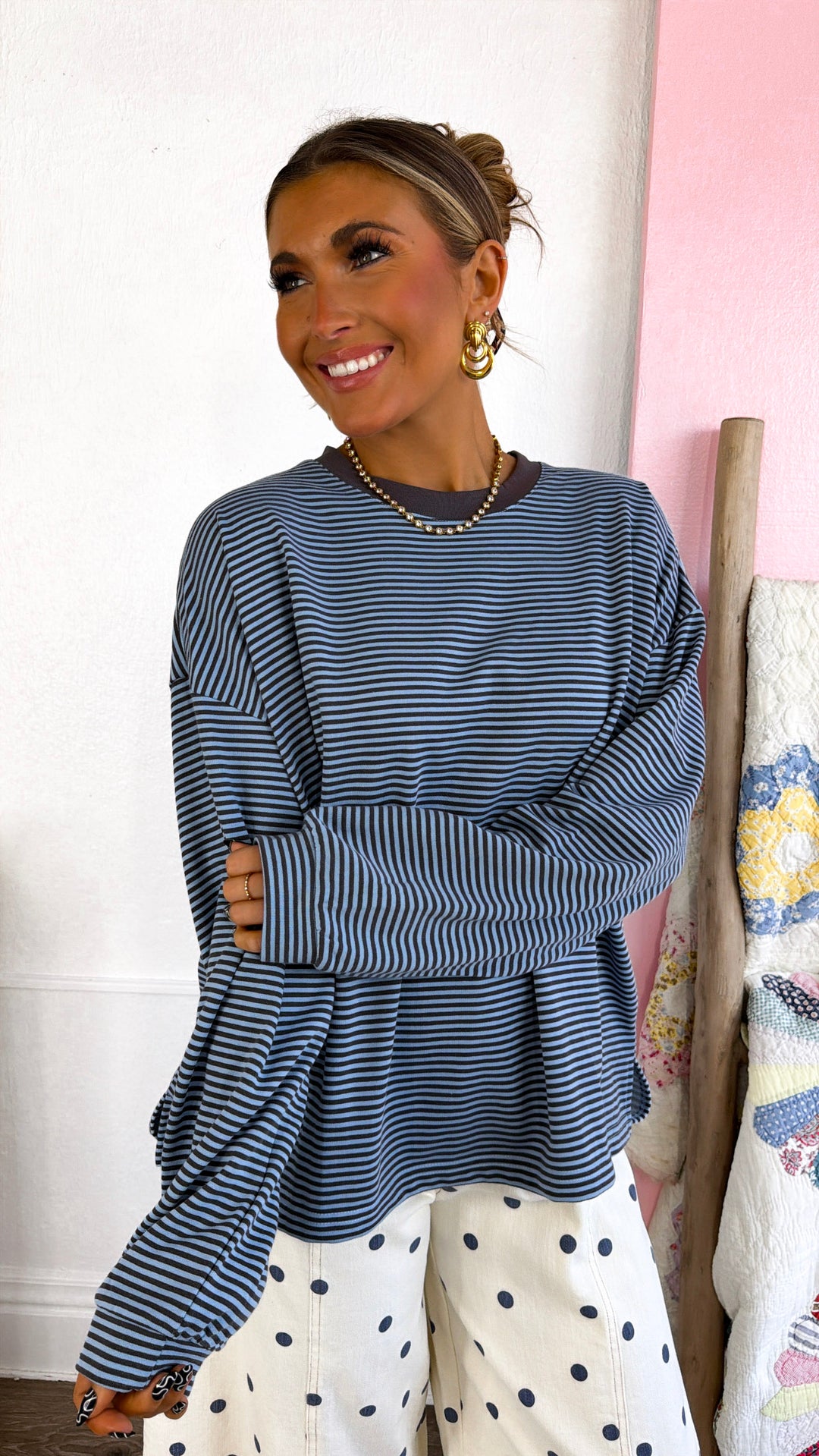 Laurel Stripe Top, Blue/ Charocal