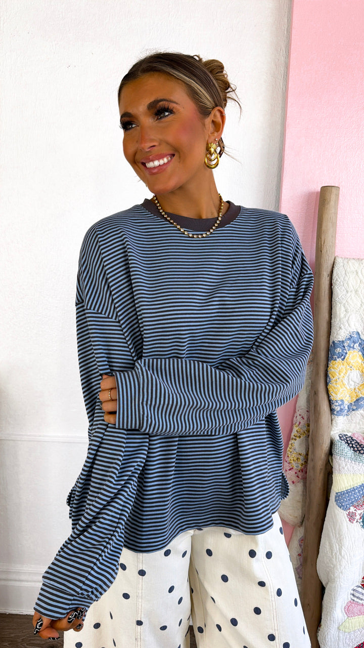 Laurel Stripe Top, Blue/ Charocal