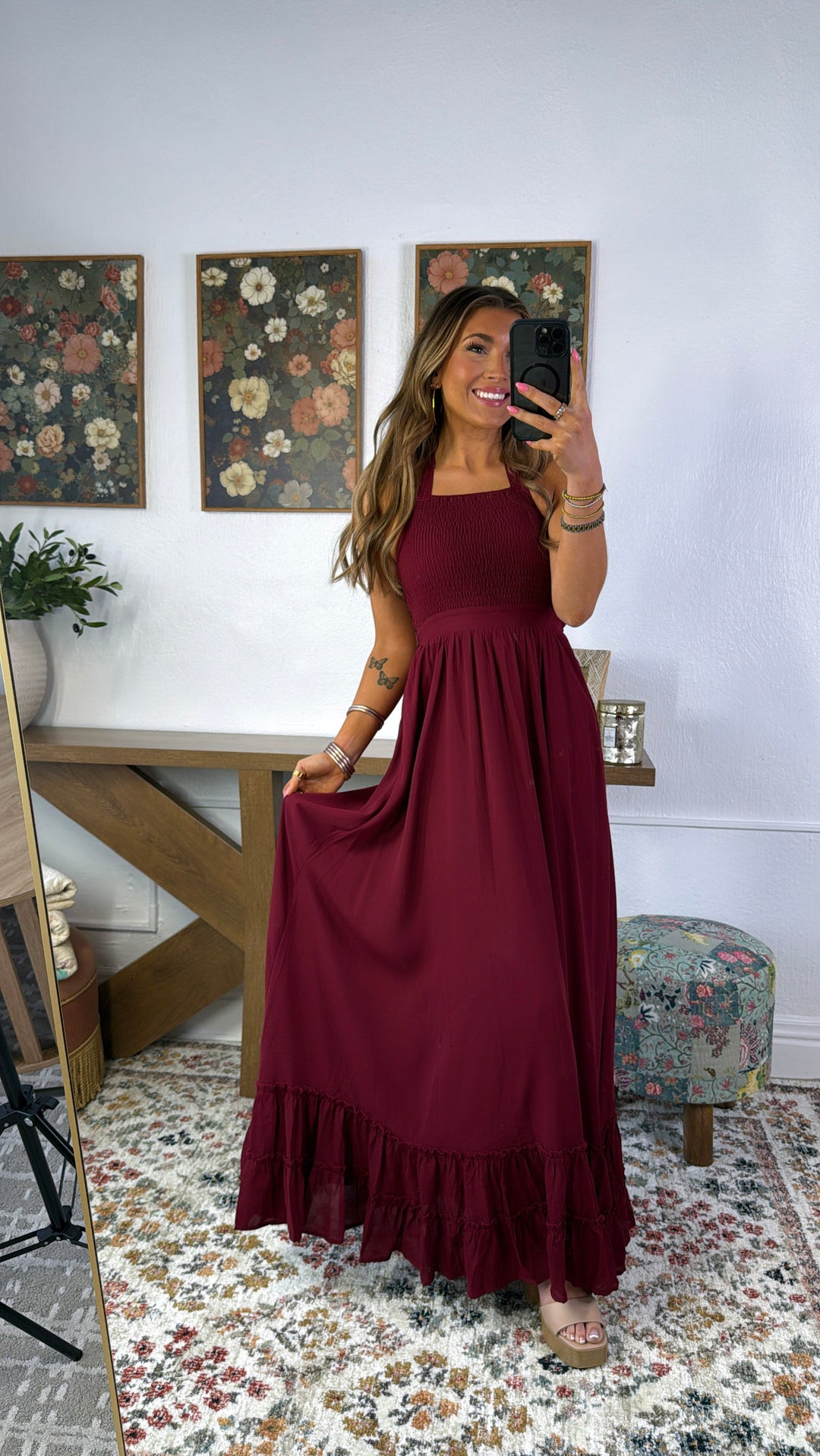 ECB Exclusive: Between the Lines Maxi Dress, Burgundy