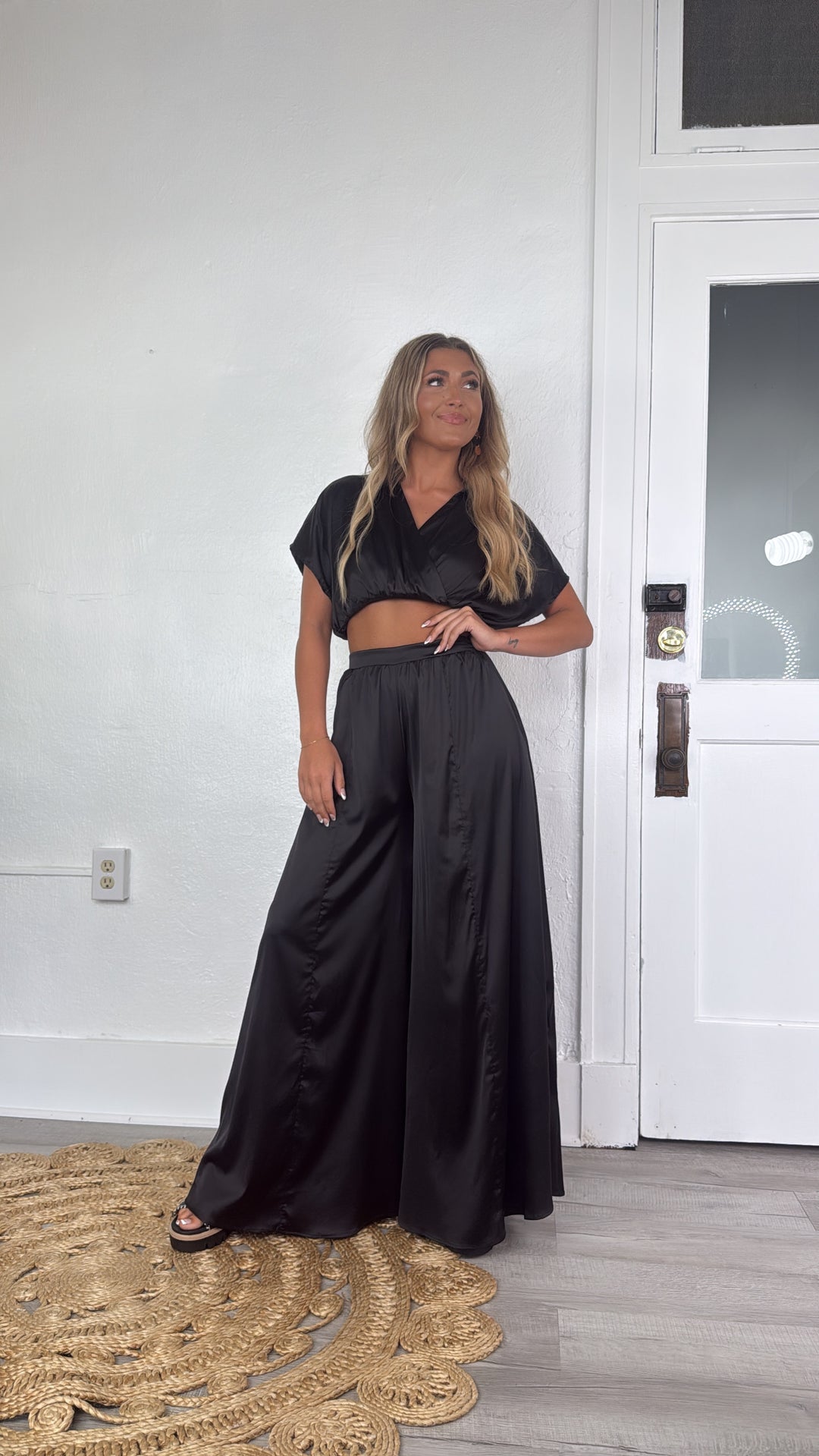 black silk dress pants Jluxlabel Women's Deserae Satin Pants - Black