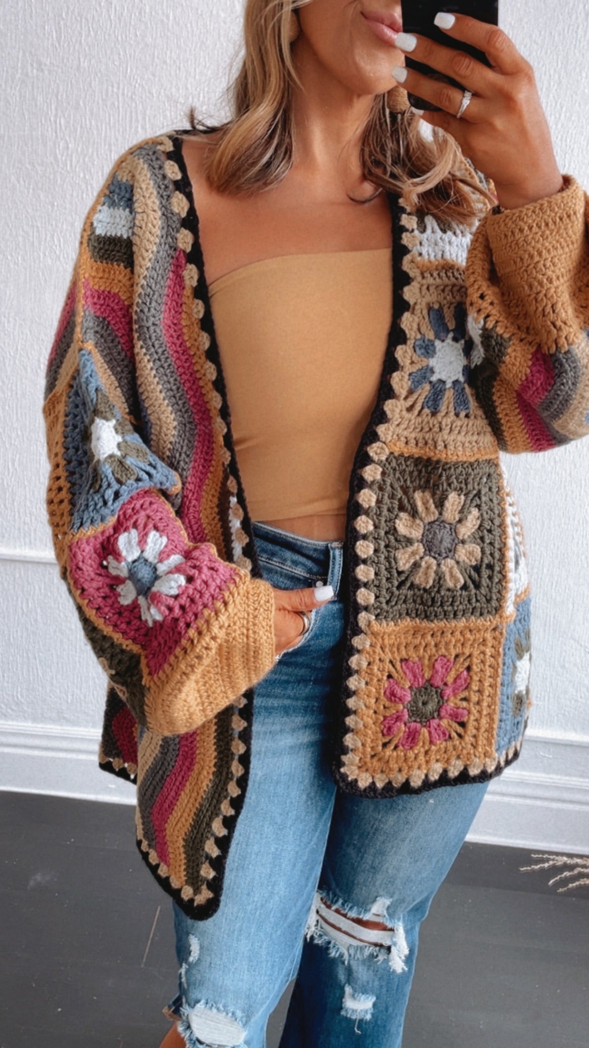 Hand Knit Square Patches Cardigan, Mustard & Olive – Everyday Chic