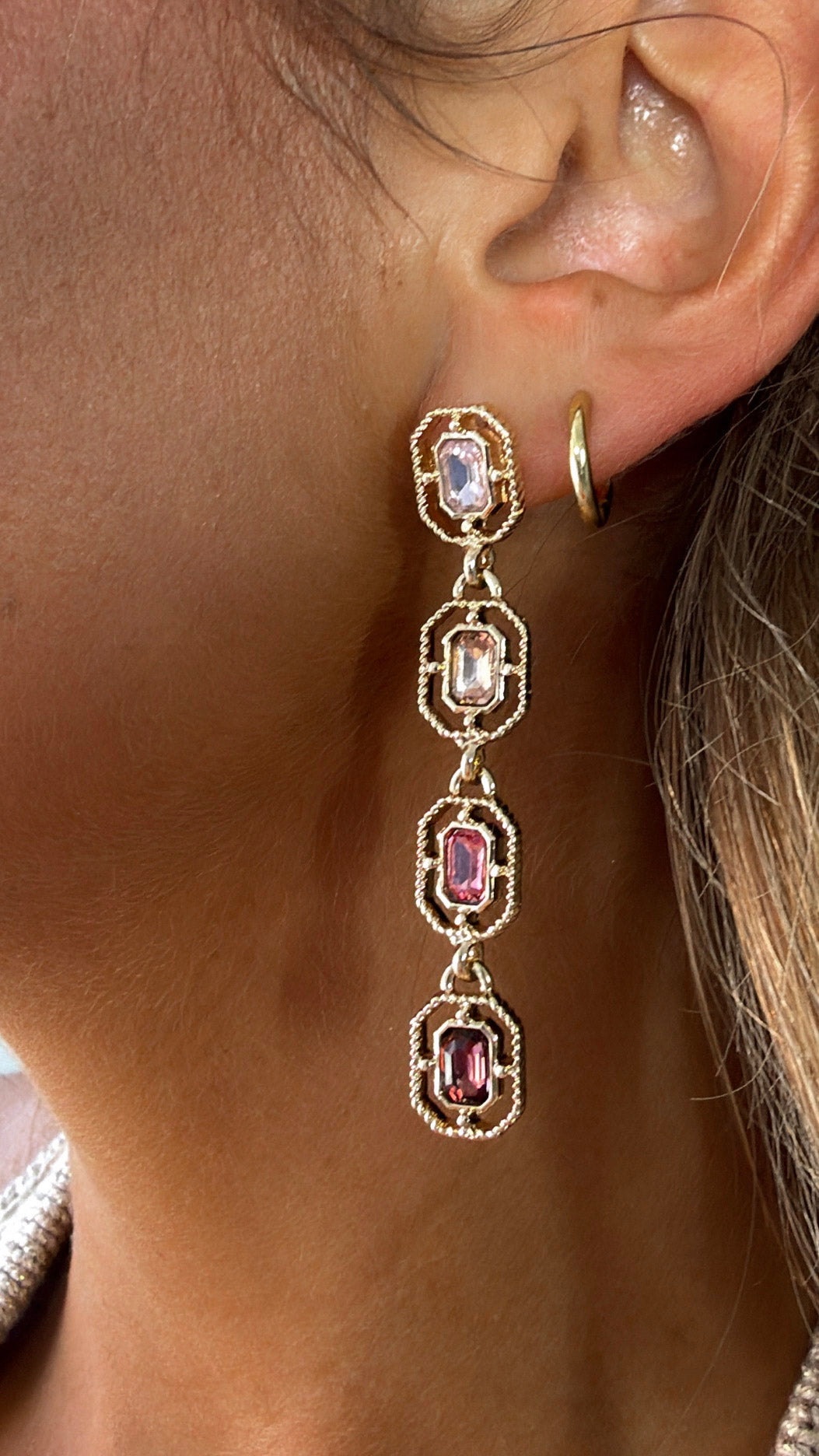 Dangle Jeweled Earring, Pink/Gold