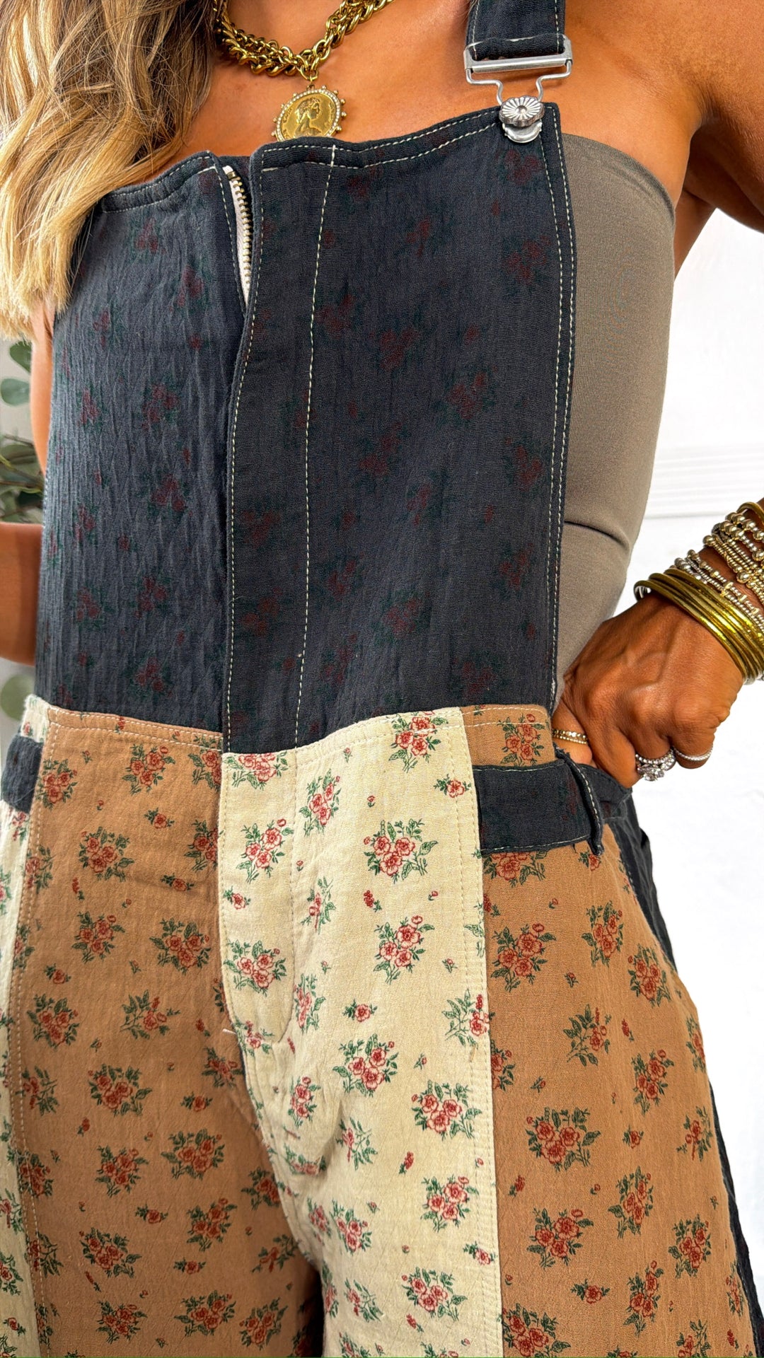 ECB Exclusive: Ruth Overall Bib, Charcoal Ginger Floral
