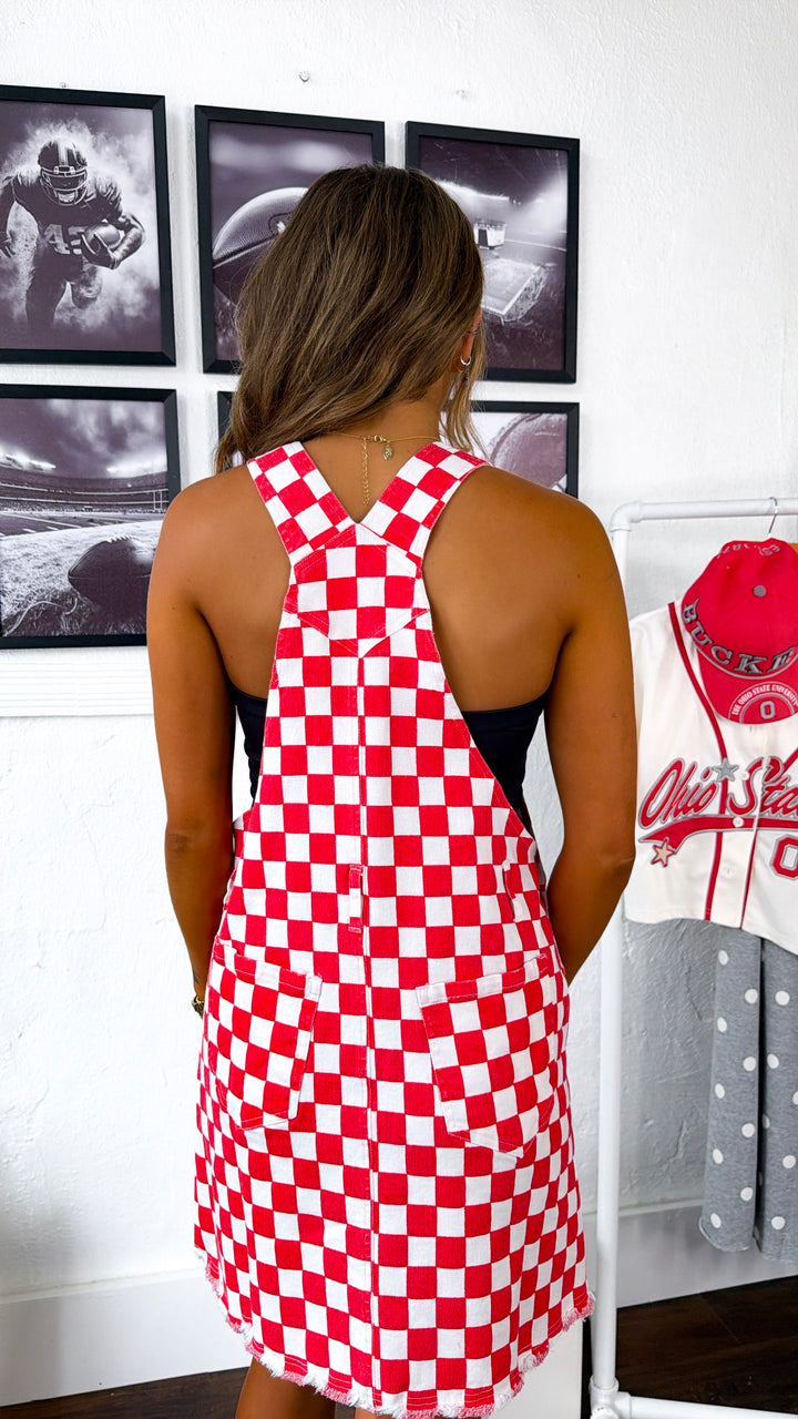 Friday Lights Checkered Overall Dress, Red