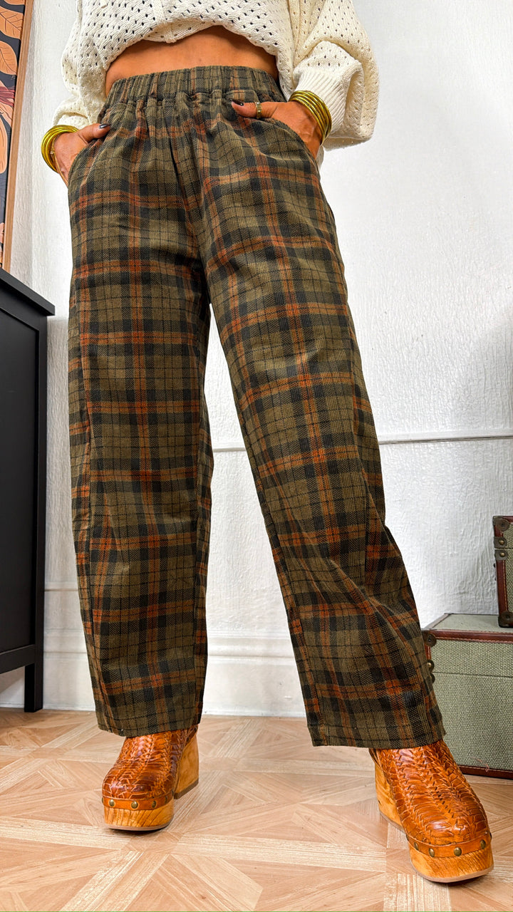 Corduroy Wide Leg Pants, Olive Plaid