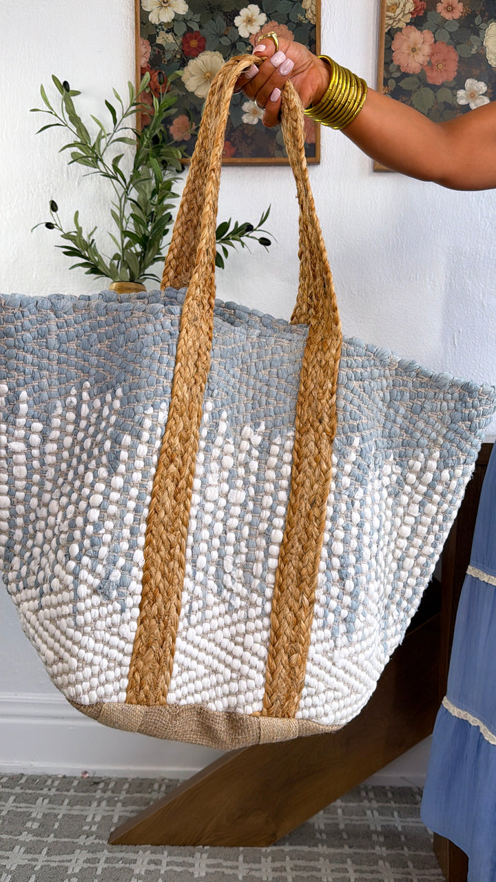 Summer Woven Tote Bag, Ivory/Sky