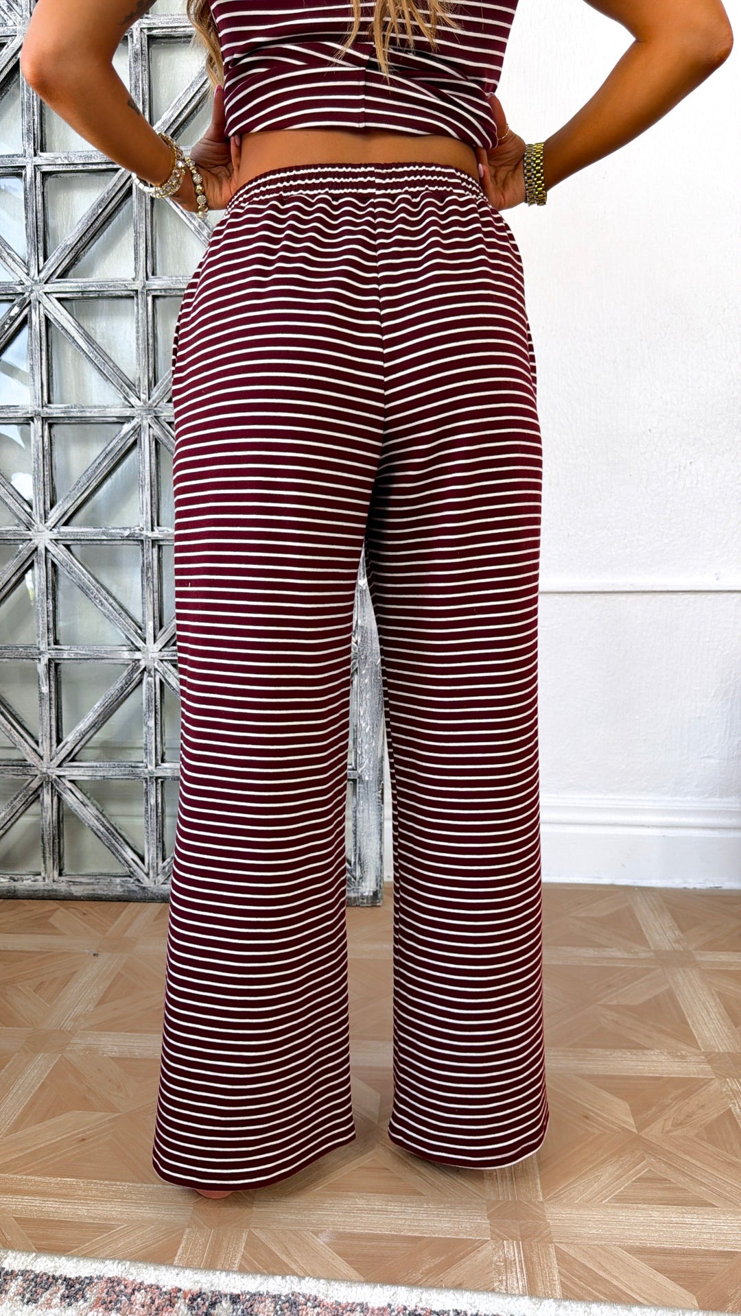 Stripe Knit Two Piece Set, Burgundy/ Ivory