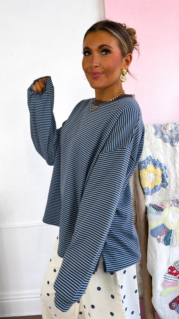 Laurel Stripe Top, Blue/ Charocal