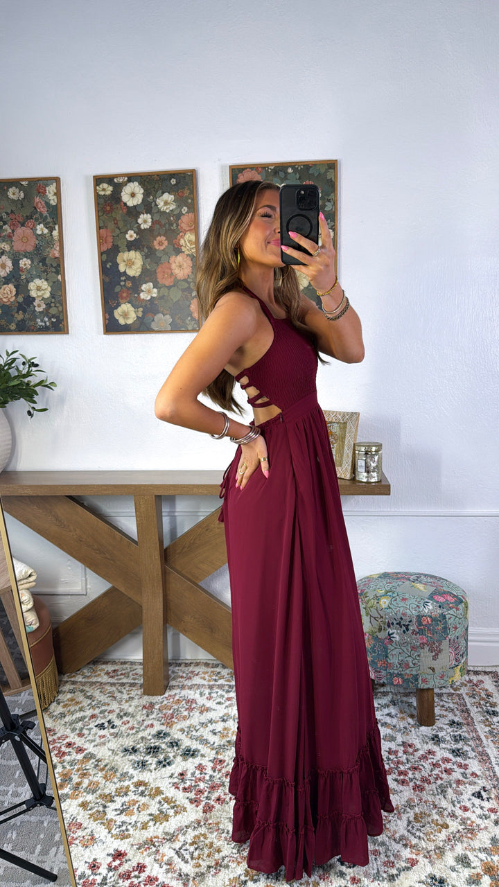 ECB Exclusive: Between the Lines Maxi Dress, Burgundy