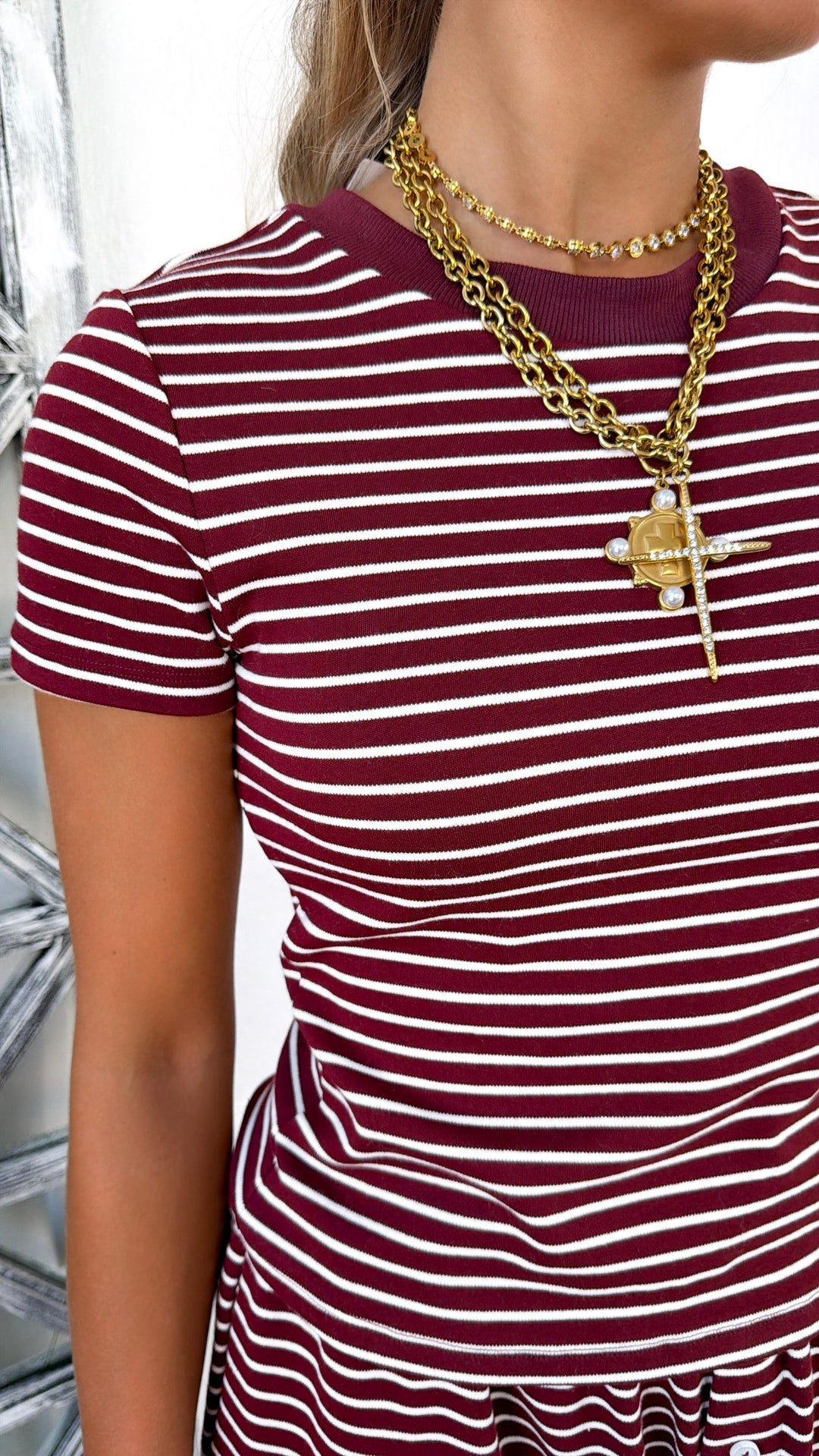 Stripe Knit Two Piece Set, Burgundy/ Ivory