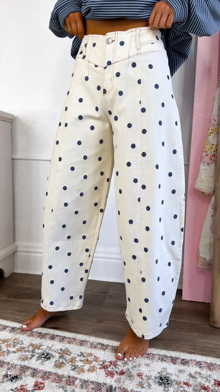 Polka Dot Twill Barrel Jeans, Cream/Navy