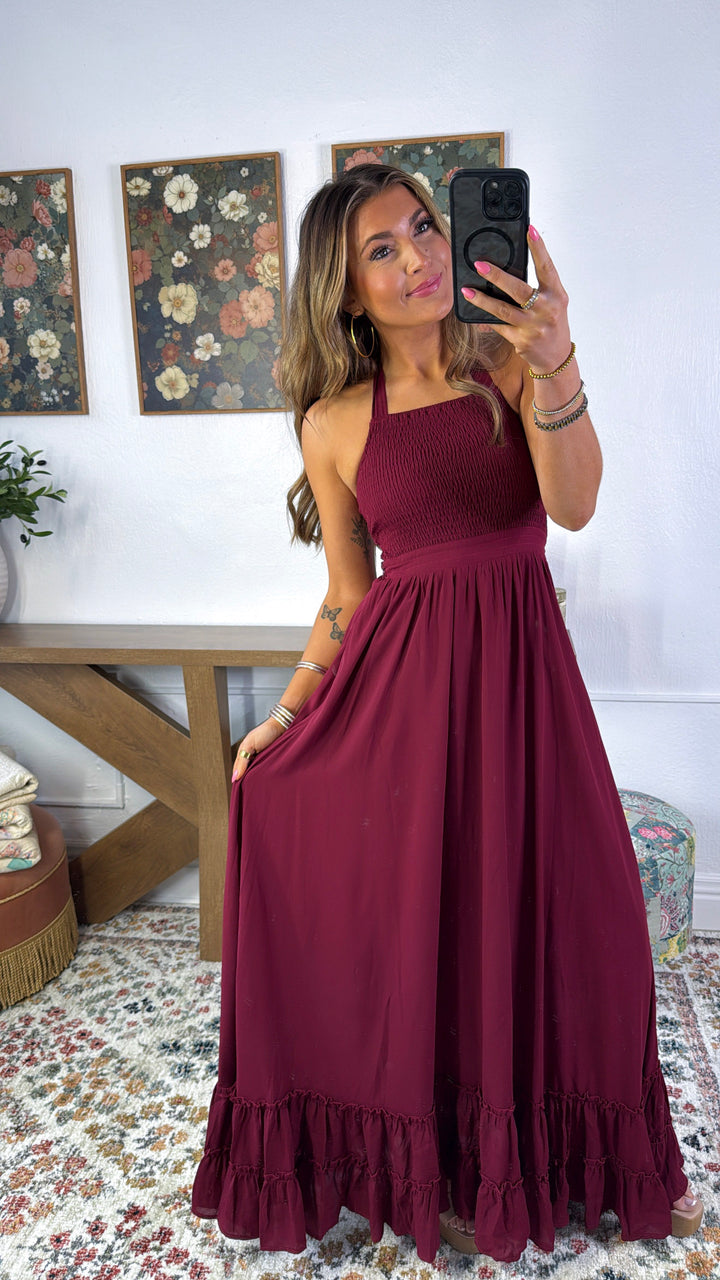 ECB Exclusive: Between the Lines Maxi Dress, Burgundy