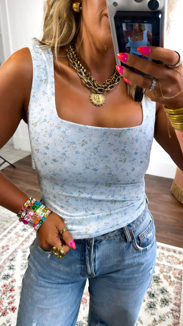 Dainty Floral Tank Top, Baby Blue