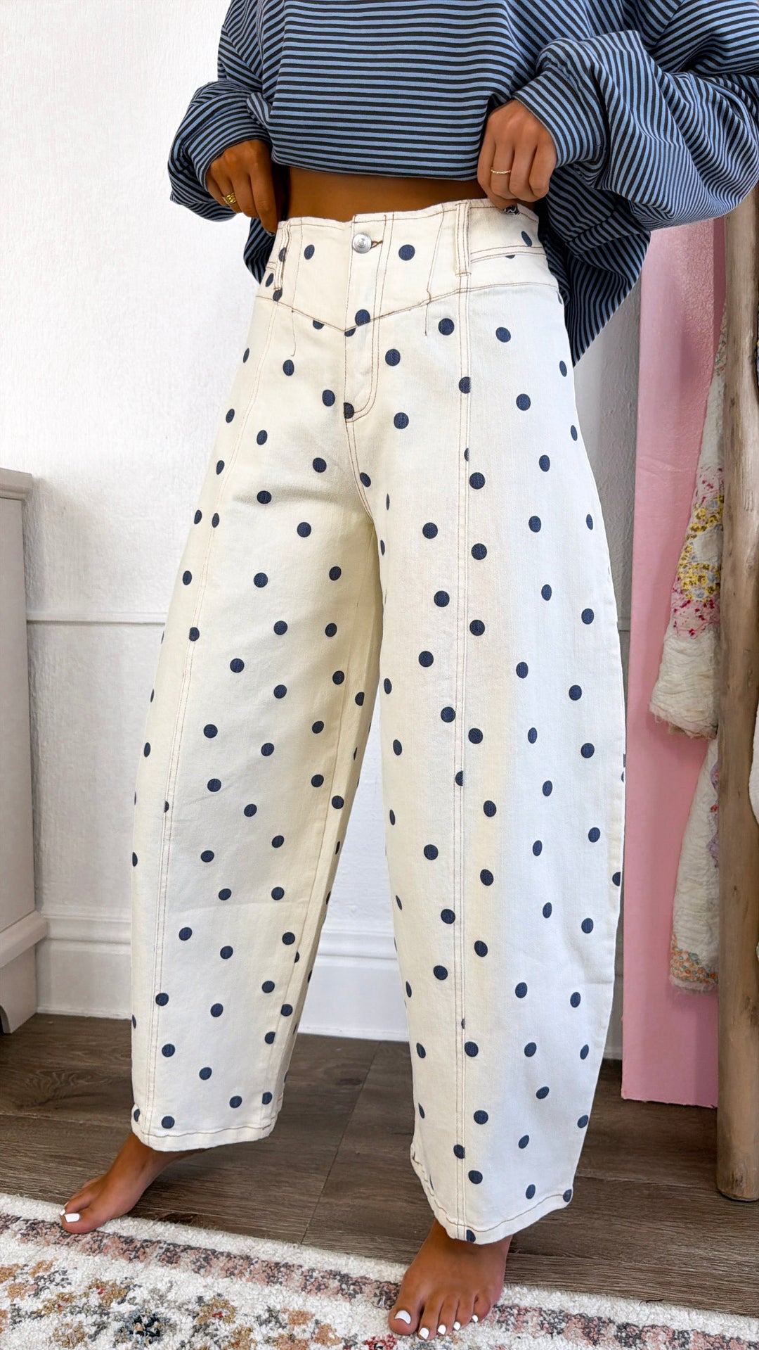 Polka Dot Twill Barrel Jeans, Cream/Navy