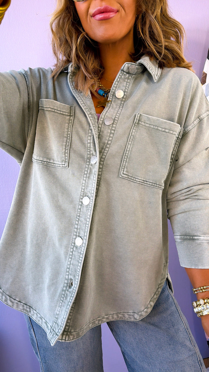Washed Oversized Shacket, Sage
