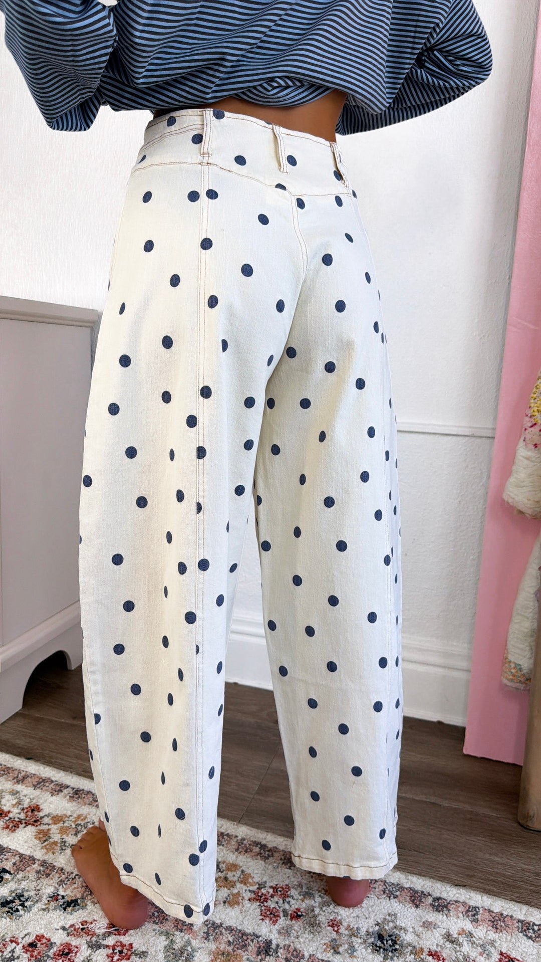 Polka Dot Twill Barrel Jeans, Cream/Navy