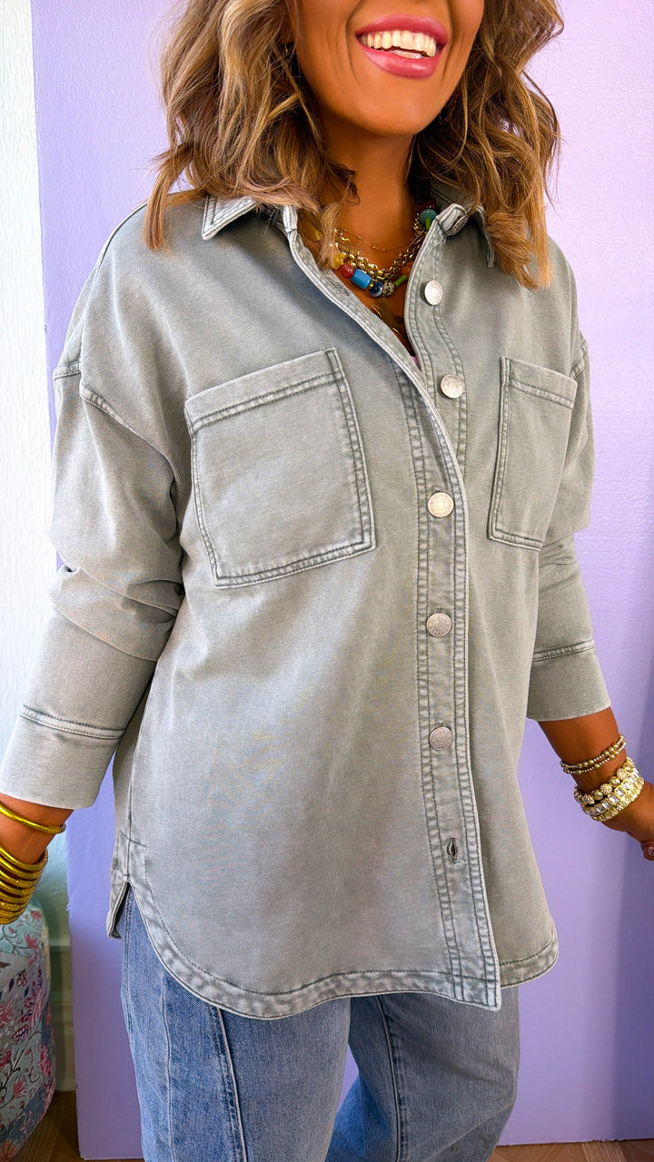Washed Oversized Shacket, Sage