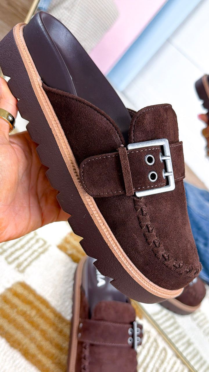 Zamara Suede Buckle Clog, Chocolate