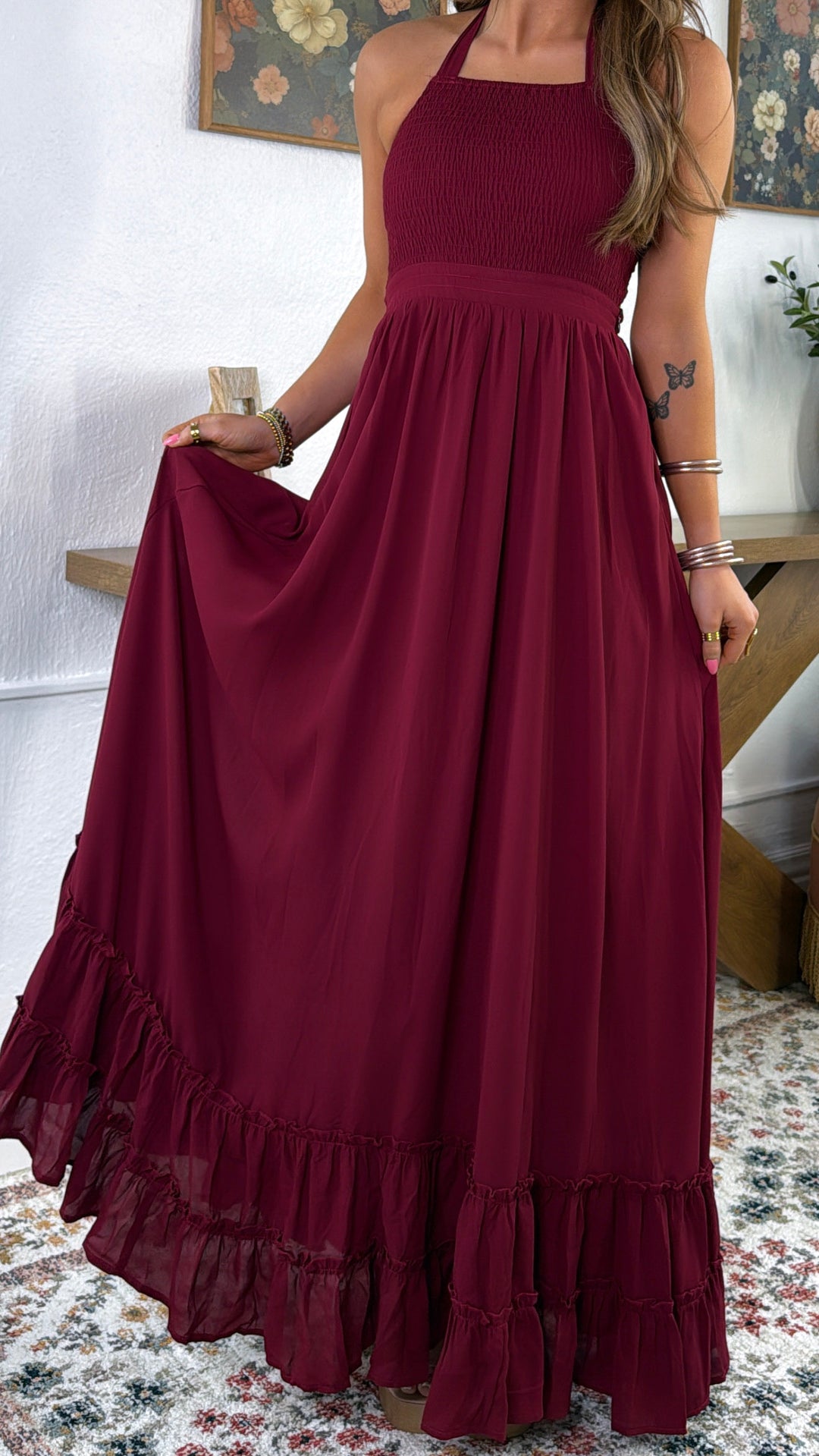 burgundy maxi dress casual Lovskoo Womens Boho Summer Dresses Maxi Dress Spaghetti Strap Smocked Tiered Long Beach Sun Dresses Sleeveless Solid Dress Burgundy