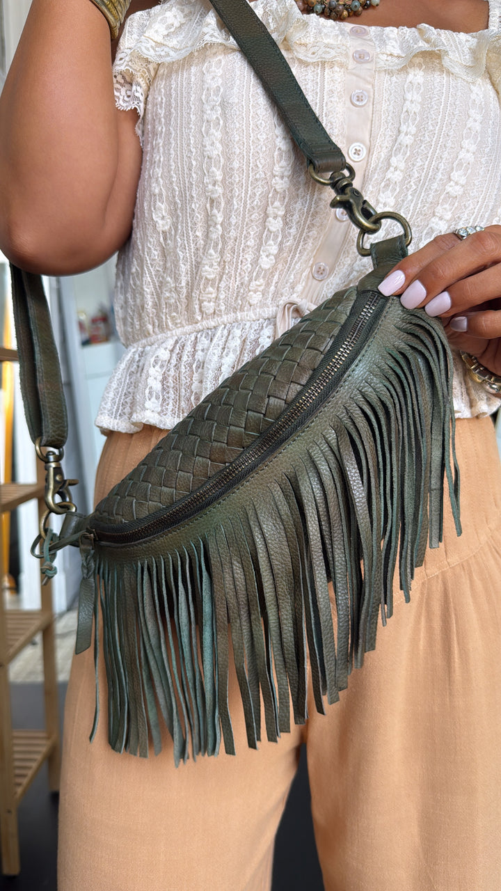 Revival Fringe Fanny Pack, Boho Emerald