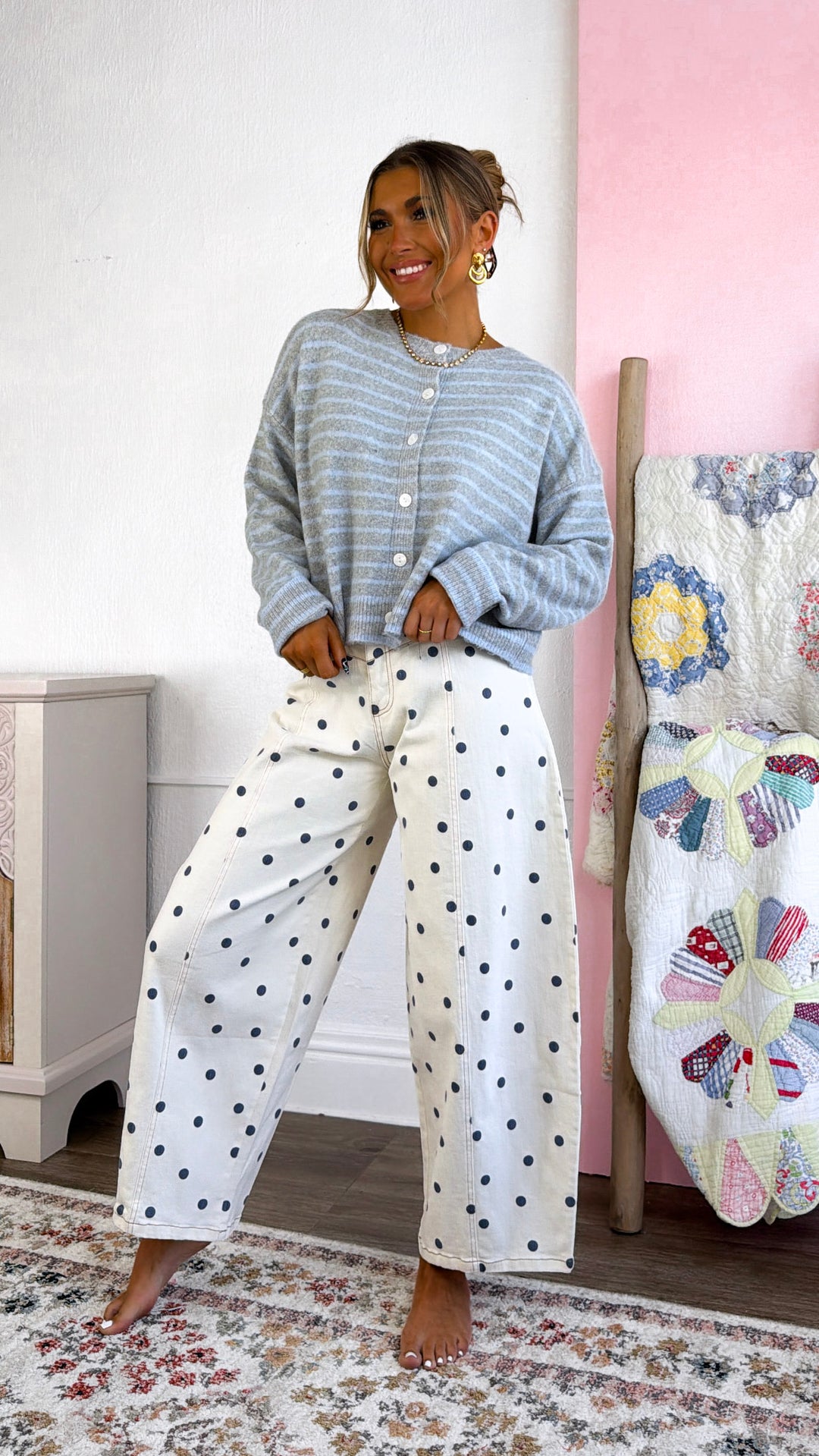 Polka Dot Twill Barrel Jeans, Cream/Navy