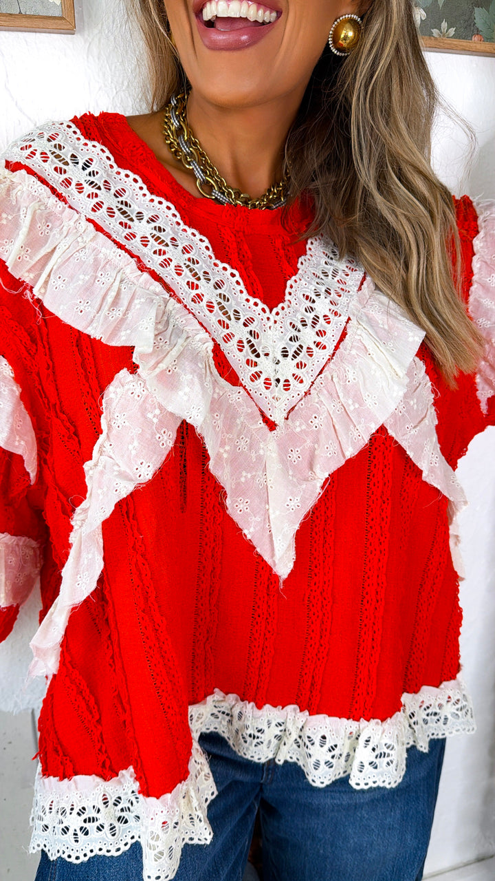 Strawberry Milk Ruffled Blouse, Apple Red