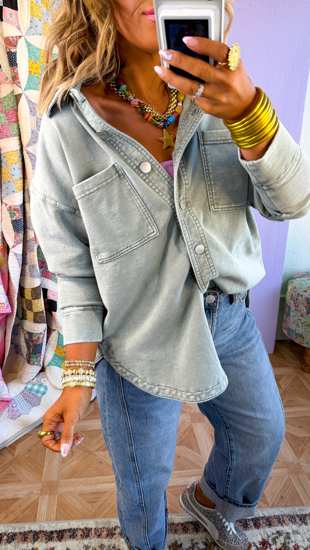 Washed Oversized Shacket, Sage