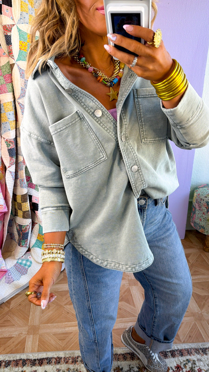 Washed Oversized Shacket, Sage