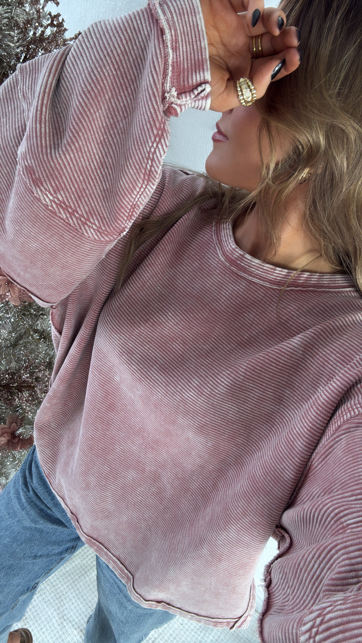 DOORBUSTER: Acid Washed Ribbed Cropped Pullover, Winter Rose